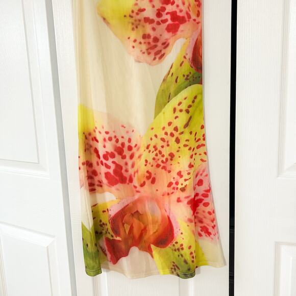 Murci Mesh Maxi Beach Skirt Floral Print Sheer Cover Up White Yellow Pink 2 - Picture 4 of 7